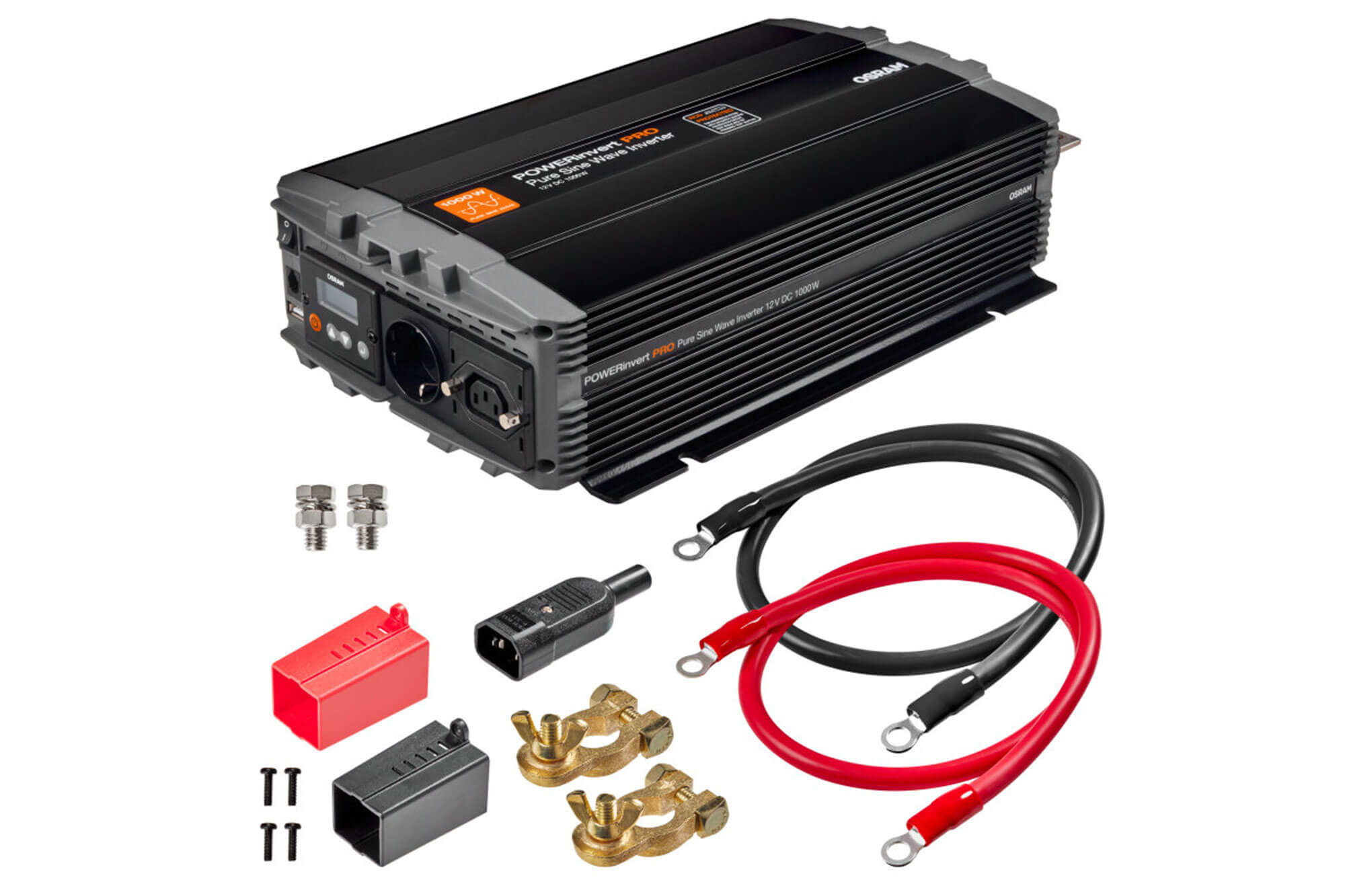 Монофазен струен инвертер Osram Pure Sine Wave Inverter 12V DC, 1000W RDC, 98A, 50-60Hz, 200-240Vrms, со еден стандартен контакт и еден контакт тип IEC320