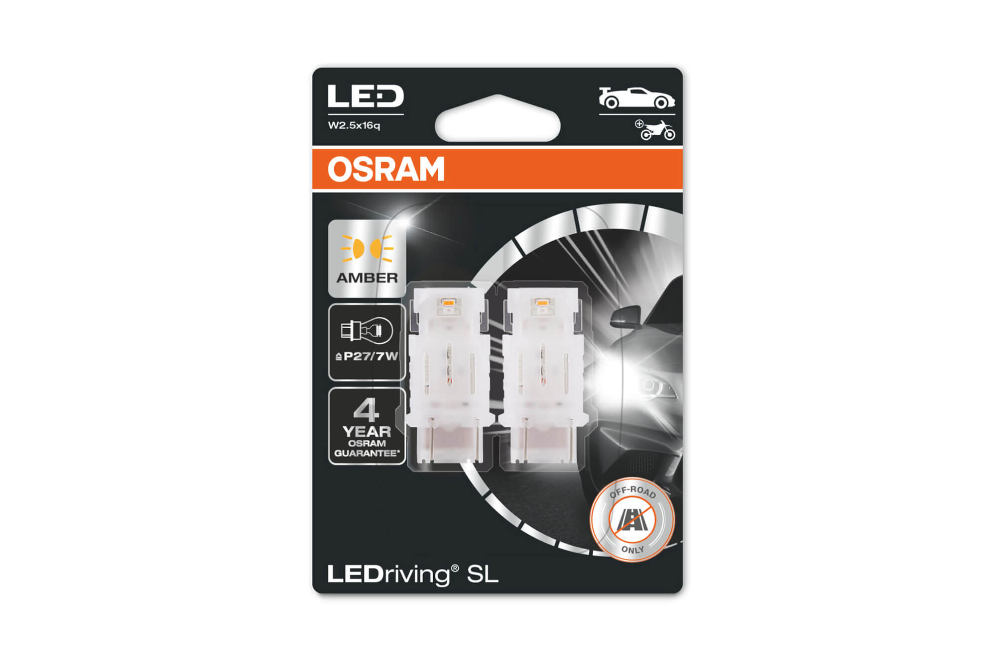 Комплет 2 бројки LED сијалици Osram тип P27/7W кехлибар, 55LM, 12V, 1.90W, W2.5x16q