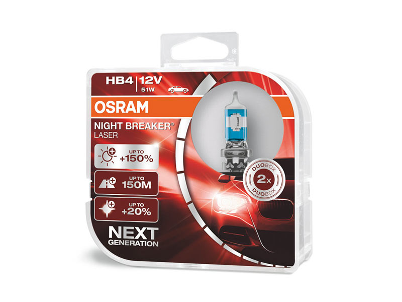 Комплет 2 бр. халогенски сијалици Osram HB4/9006 Night Breaker Laser +150% 12V, 51W, P22d, 1000lm