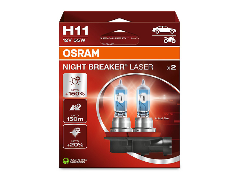 Комплет 2 бр. халогенски сијалици Osram H11 Night Breaker Laser +150% 12V, 55W, PGJ19-2, 1350lm