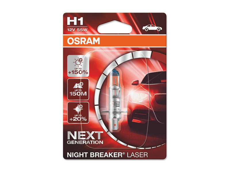 Халогенска сијалица Osram H1 Night Breaker Laser +150% 12V, 55W, P14.5s, 1550lm, 1 бр. во блистер