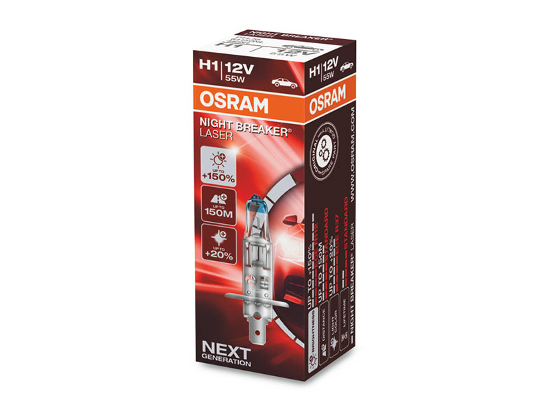 Халогенска сијалица Osram H1 Night Breaker Laser +150% 12V, 55W, P14.5s, 1550lm, 1 бр. во кутија