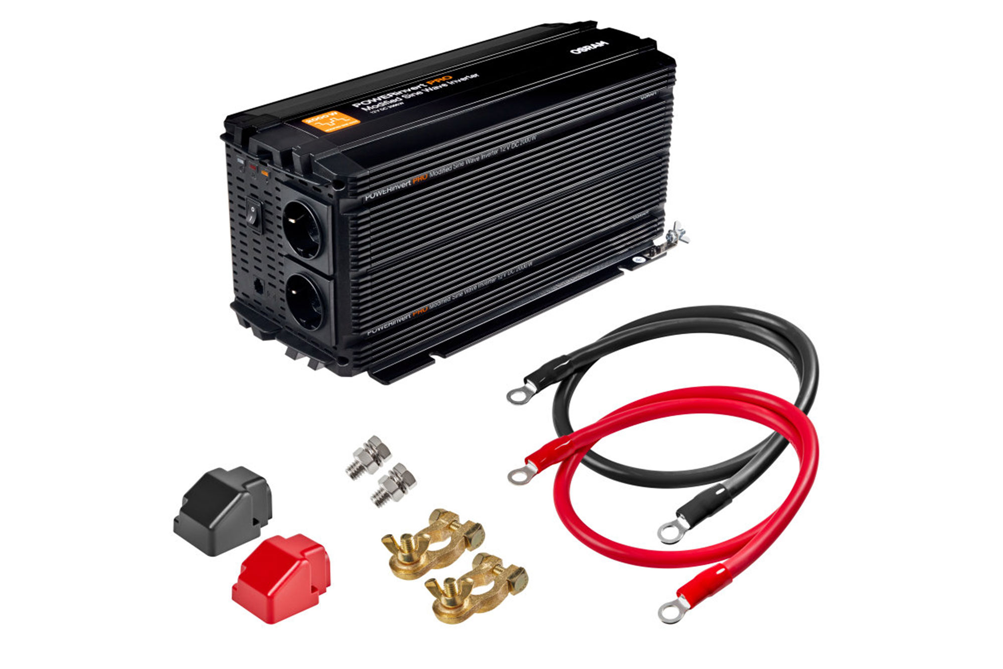 Монофазен струен инвертер Osram Modified Sine Wave Inverter 12V DC, 2000W, 196A, 50Hz, 200-240Vrms, со два контакта