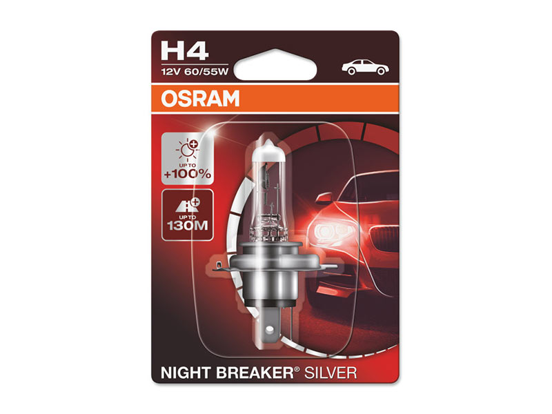 Халогенска сијалица Osram H4 Night Breaker Silver 12V, 60/55W, P43t, 1650/1000lm, 1 бр. во блистер