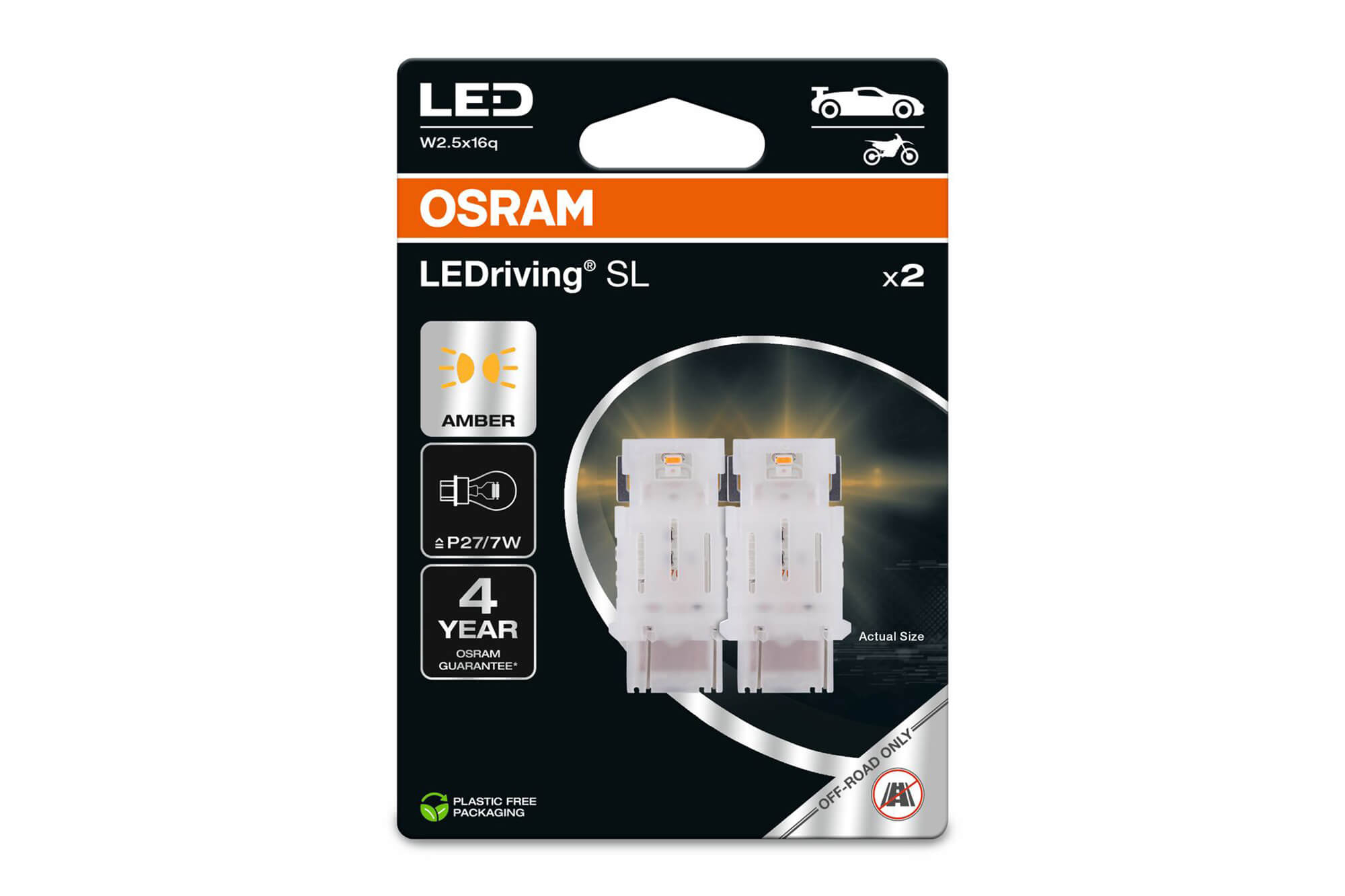 Комплет 2 бројки LED сијалици Osram тип P27/7W кехлибар, 55LM, 12V, 1.90W, W2.5x16q