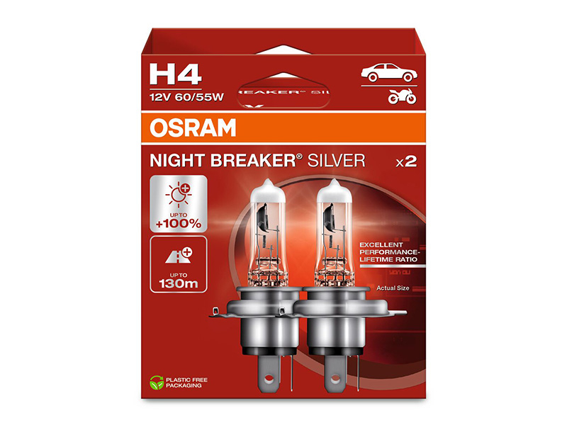 Комплет 2 бр. халогенски сијалици Osram H4 Night Breaker Silver 12V, 60/55W, P43t, 1650/1000lm