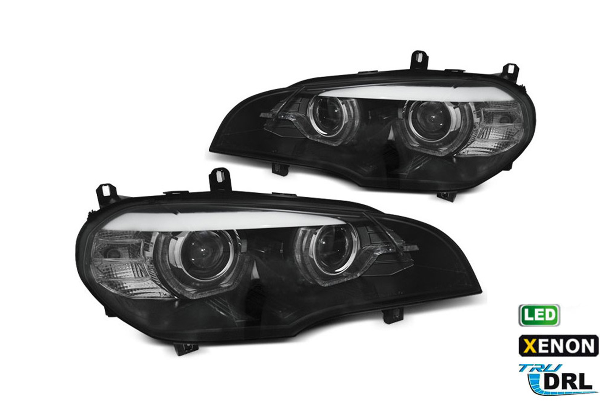 Комплет LED фарови за BMW X5 E70 2007-2013 со фабричен ксенон за модел без AFS, црна  основа, лев и десен