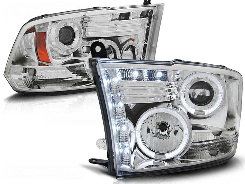 Комплет тунинг фарови со халогенски ангелски очи и LED лента за Dodge RAM 2009-2011 , лев и десен