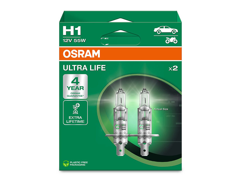 Комплет 2 бр. халогенски сијалици Osram H1 UltraLife 12V, 55W, P14.5s