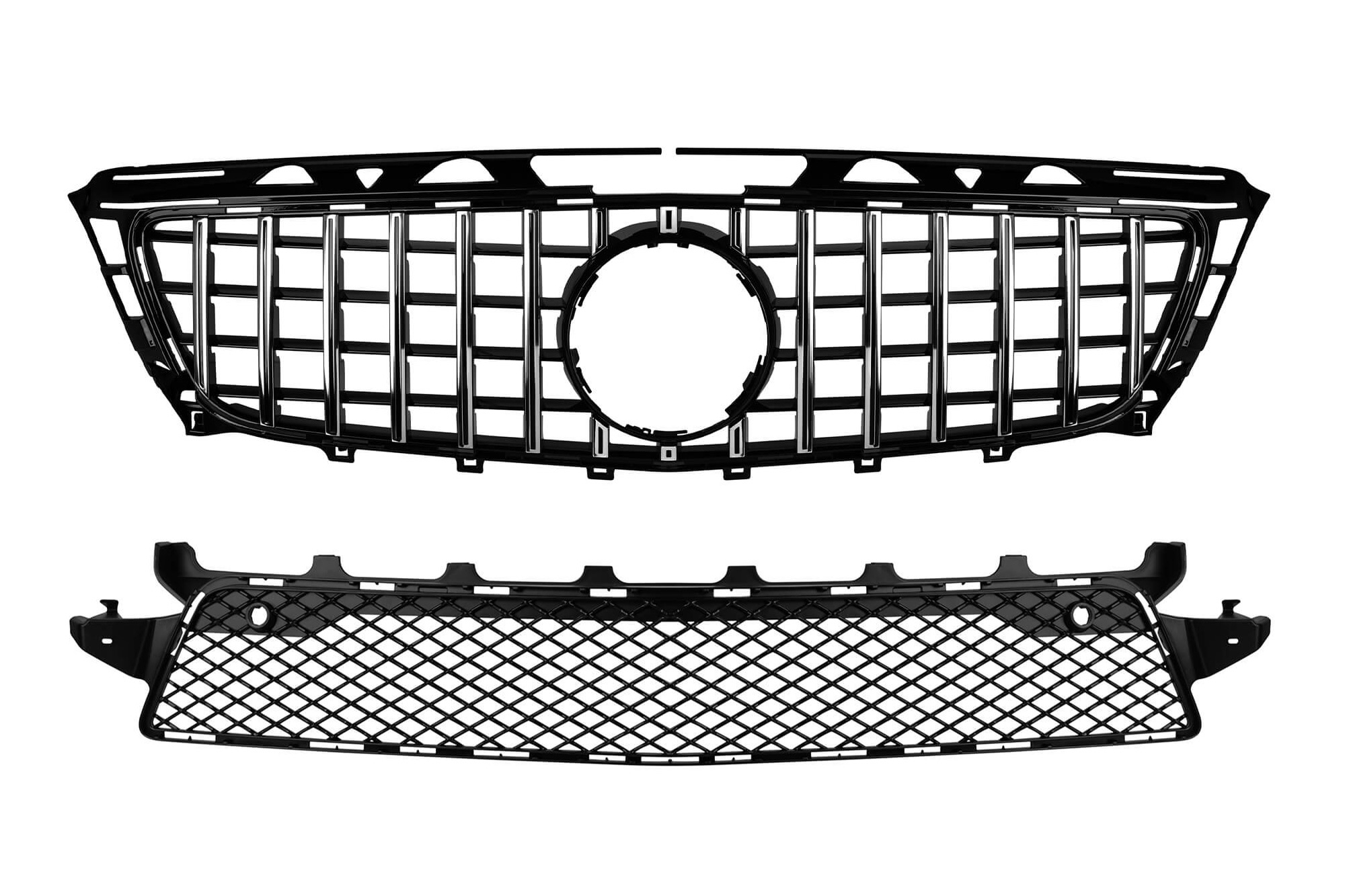 Комплет хром/црна решетка тип GT и средна решетка во браник за Mercedes CLS C218 2011-2014 опремен  со AMG Sport браник