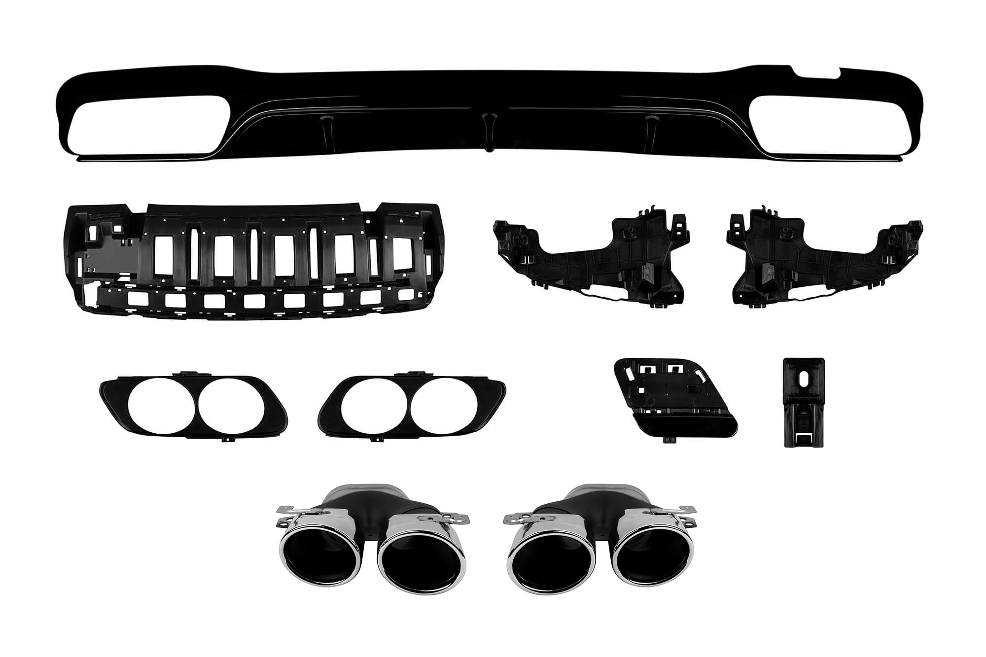 Дифузер  тип E53 со хром издуви   за заден AMG браник на Mercedes E класа W213 седан по 2016 година -оо--оо-, со црна лајсна