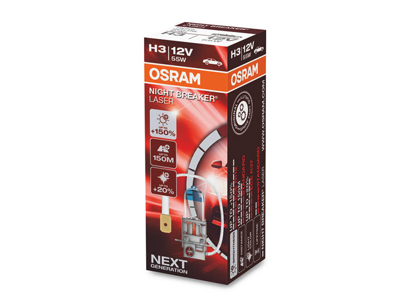 Халогенска сијалица Osram H3 Night Breaker Laser +150% 12V, 55W, PK22s, 1450lm, 1 бр. во кутија