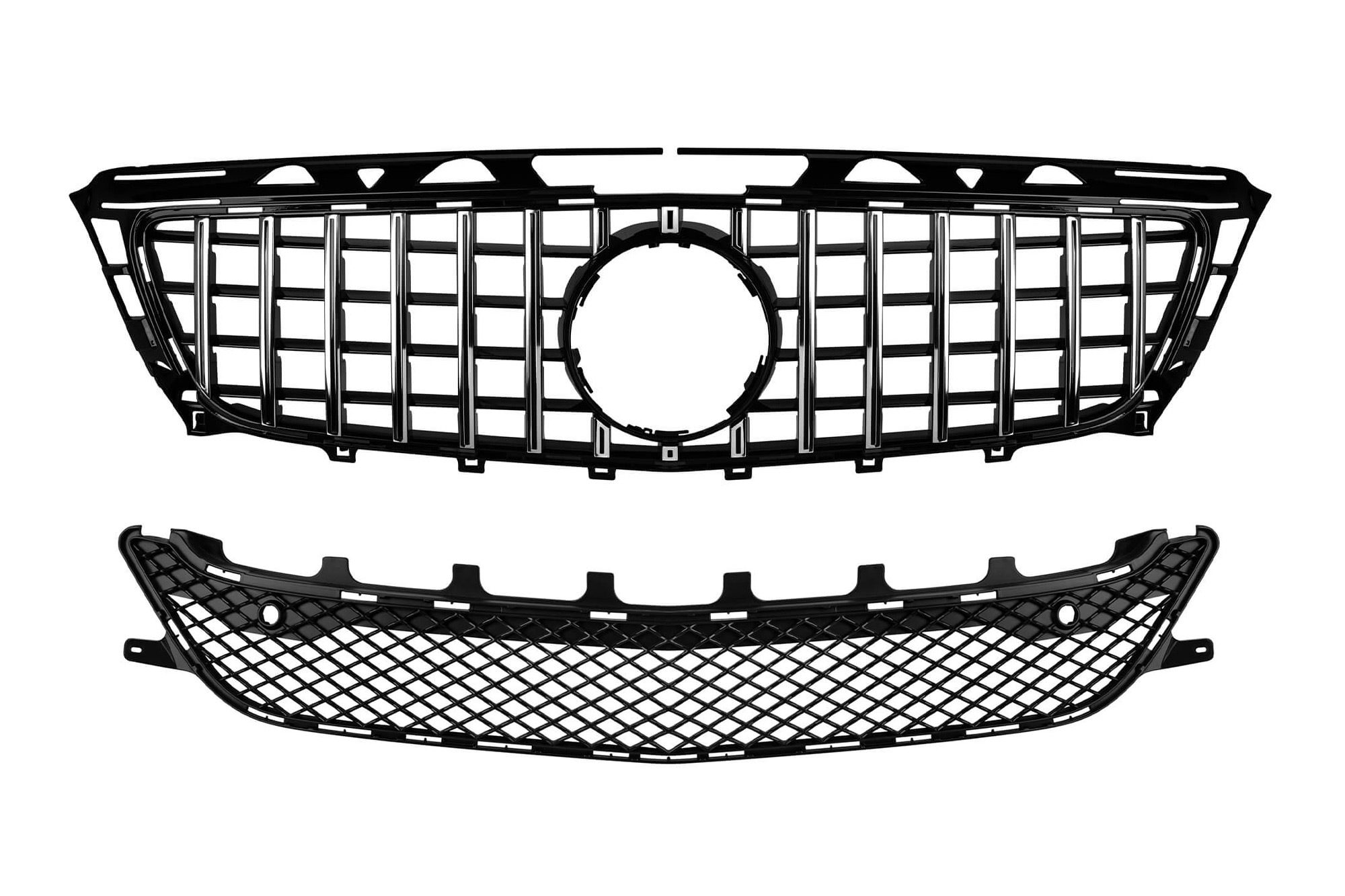 Комплет хром/црна решетка тип GT и средна решетка во браник за Mercedes CLS C218 2011-2014 опремен  со  стандарден  браник