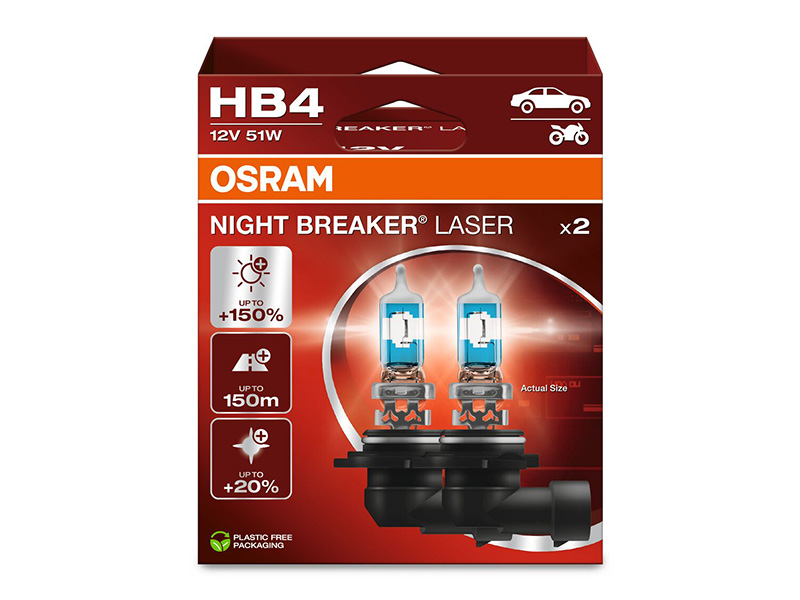 Комплет 2 бр. халогенски сијалици Osram HB4/9006 Night Breaker Laser +150% 12V, 51W, P22d, 1000lm