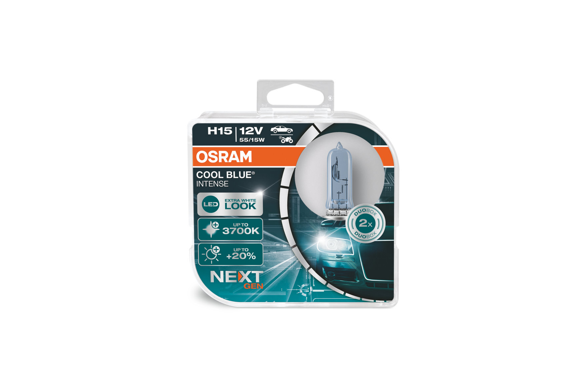 Комплет 2 бројки Халогенски сијалици H15 Osram Cool Blue Intense Next Gen 12V, 55/15W, PGJ23t-1, 3700K, 260/1350lm