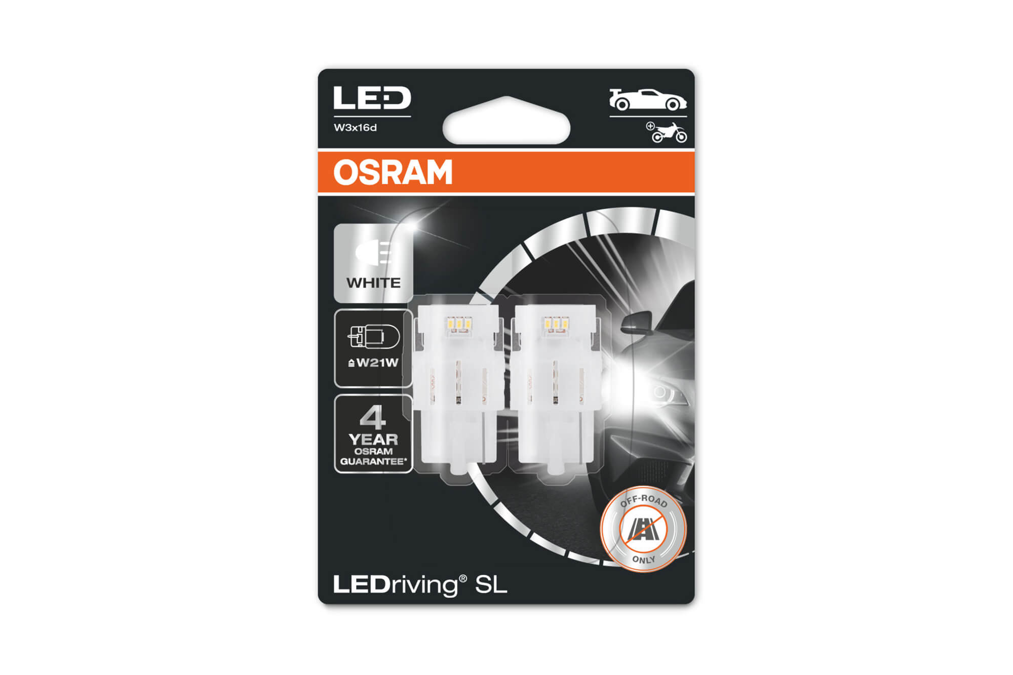 Комплет 2 бројки LED сијалици Osram тип W21W бели 6000K, 145LM, 12V, 2W, W3x16d